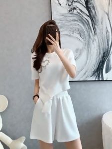 Leisure Sports Love Printing Shorts Set Womens Round Neck Summer Student Large Two Piece Set