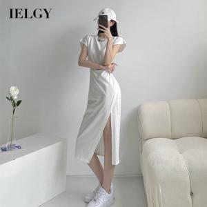 IELGY casual white dress womens niche slit mid-length