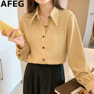 AFEG Korean shirt collar fashion casual loose temperament striped chiffon long sleeve blouse for women