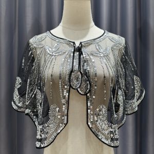 1920s Flapper Shawl พร้อมเลื่อมประกายและลูกไม้ - สีดํา Vintage โพลีเอสเตอร์ตาข่ายชุดราตรีสําหรับงานแต่งงาน