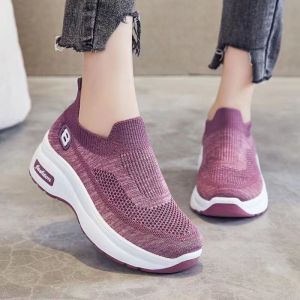 Women Korean Style Breathable Thick Sole Slip On Jogging Sneakers Comfort Non-Slip Flat Casual Black Rubber Shoes For Women On Sale