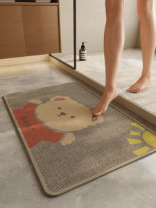 Cartoon Bear Bathroom Mat Linen like Floor Doormat Absorbent Quick Dry Non Slip Dirt Resistant Rectangular Home Decor Rug