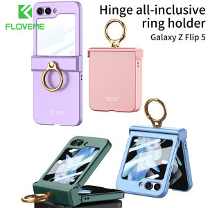 FLOVEME With Glass Small Screen Film Protector Frosted Phone Case For Samsung Galaxy Z Flip 5 5G With Ring Bracket Stand Hinge Protection Ultra-thin Matte Folding All-Inclusive Hard PC Shockproof Back Cover For Galaxy Z Flip 5