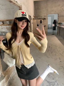Korean Style Lace Yellow Knitted Cardigan Fake Two-piece