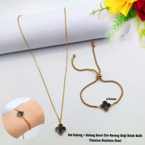 Set Kalung Dan Gelang Serut Bunga Kerang Titanium Stainless Steel Anti Karat Liontin Bunga