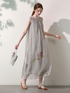 Miccbeirn | ชุดเดรสยาวแขนกุดไหมดอกไม้ ชุดนางฟ้า ชุดราตรี ทรงหลวม เดรสยาวเอวสูง ฤดูร้อน ผ้าฝ้าย ชุดเดรสผู้หญิง ชุดทำงาน