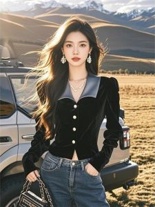 GOUWU | Elegant Luxury Black Velvet Blouse