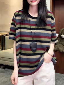 QINGNAER | Stylish Vintage Stripe Round Neck Tshirt