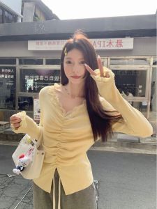 Lace Splicing V-neck Long Sleeve Knitted Sweater Womens Fashion Trend Autumn Winter New Design Sensation Pleated Base Top