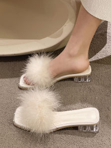 Womens Furry Slippers Thick Heel Transparent High Heel Winter Shoes Korean Style Daily Wear PU Leather Inner Material