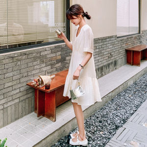 French A-Line Fairy Dress Women Summer Sweet Fresh Short Skirt High Waist V-Neck Midi Dress Elegant Atmosphere Short Sleeve