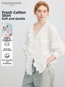Cotton French Embroidery Lace-up V-neck Long-sleeve Shirt