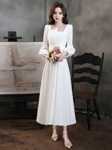 Elegant White Square Neck Midi Dress for Engagement Party Wedding Ceremony Daily Wear Polyester Cotton Short Sleeve A-Line Skirt