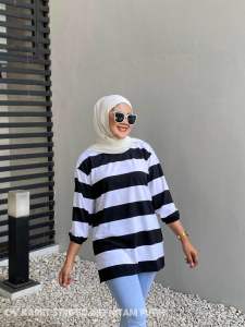 Kaos strip lengan 7/8 kerut balon / atasan oversize wanita lengan balon / kaos tshirt wanita setripe polos oversize Aldira terbaru