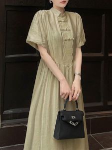 New Chinese Style Short Sleeve A-Line Dress Belted Waist Pure Color Summer Fashion Large Size High-End Feelings Button Detail
