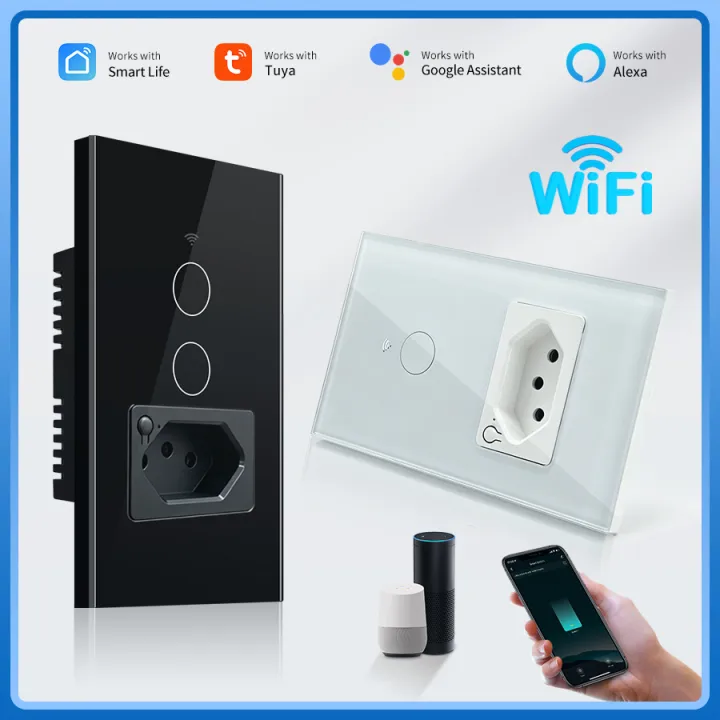 Tuya Brazil Standard Smart Wifi Switch With Socket Plug Touch Wall Light Switch Smart Life APP Voice Control Alexa Google Home