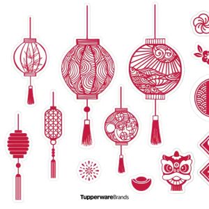 สติ๊กเกอร์ลวดลายภาชนะ Tupperware CNY Sticker สีแดง ราคาต่อ 1แผ่น