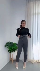 Celana Highwaist Boyfriend Jeans Wanita D46 Warna Abu Premium