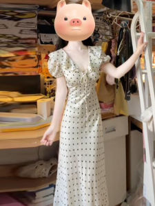 CHANGTONG | French Elegant Polka Dot Long Dress Womens Summer Design Sensation Waist Cinching Gored Skirt V-neck A-line Dress