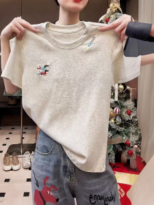 New 2025 Summer Milk Grey Short Sleeve T-Shirt Womens Fashion round Neck Simple Top Heavy Work Cotton Blend Summer Tee