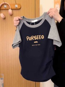 Vintage American Round Neck Contrast Color Short Sleeve T-shirt for Women Slim Fit Letters Printed Cotton Summer Casual Workwear