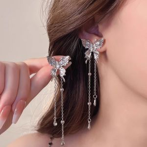Fashion Butterfly Tassel Earrings Girls Daily Ear Pendants Women Delicate Angel Wing Zircon Stud Ear Long Tassel Fairy Elf Earrings Party Jewelry Accessories