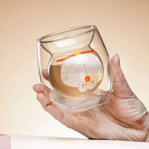 Cốc Thủy Tinh Tay Làm Hình Mèo Doraemon Hai Lớp Chịu Nhiệt Cho Máy Vi Sóng Cốc Nước Dùng Sáng Bằng Thủy Tinh Hoạt Hình