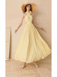 D-PLAY | Yellow Halter Bow Waist Cutout Textured Dress
