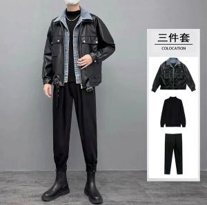 เสื้อแจ็กเก็ตหนังคล้ายใส่สองชิ้นสำหรับผู้ชายเสื้อแจ็กเก็ตหนัง PU สุดแนวแบรนด์ยอดนิยมแนวเท่ๆดูแพงแบบใหม่ฤดูใบไม้ผลิและฤดูใบไม้ร่วงเซ็ตเสื้อผ้าลำลองผู้ชาย