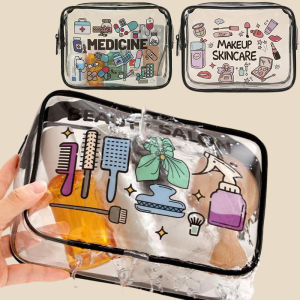 Medicine Cosmetic Bag for Women / Large Capacity Transparent Zipper Organizer / Easy Wipe Clean Toiletry Pouch
