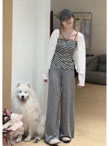 YUEZHONGWEI | Bộ đồ hai mảnh màu trắng chống nắng mùa hè 2025 Áo len cardigan rộng rãi thường ngày Quần ống rộng Bộ đồ hai mảnh