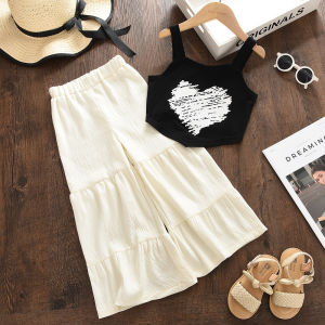 Bear Leader Casual Baby Girls Clothes Sets Summer Love Printed Sleeveless T-shirt Tops and Wide Leg Pants 2 Pieces Suits 3 To 7 Years Kids Clothes Fashion Outfits