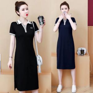 FD60430440 Polo Collar Short Sleeve Dresses Women Summer Loose Showing Slim Plus Size Fat Girl Lapel Casual Sport Long T-shirt Dress Fashion A-line dresses
