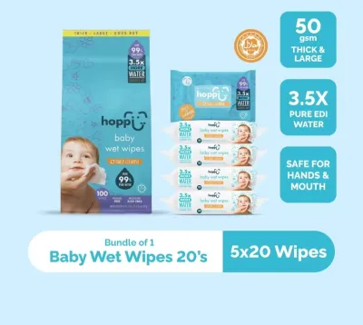 [Upgraded Formula] Hoppi Premium 99% Baby Water Wipes (20 Wipes x 5 Packs)