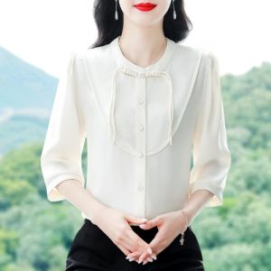 New Chinese Style Womens Shirt Stand Collar Button up Seven Sleeve Summer Chiffon Blouse Anti Aging Midi Top Fashion Commute