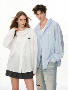 FORNINES | Blue Vertical Stripes Loose Hooded Long Sleeve Shirt