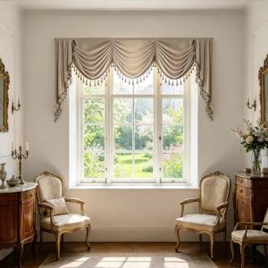 Solid Beige Velvet Swag Valance with Dual Color Tassels & Side Panels Luxury European Decor Window Header for Living Bedroom