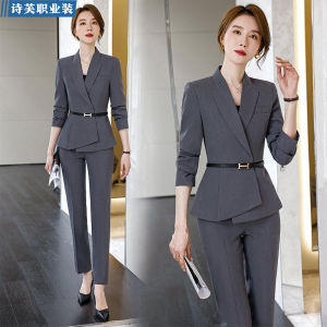 Elegant Womens Suit Set OL Commute Spring Autumn Front Desk Workwear Professional Female Suit Fiber Material Long Sleeve Nine Pants