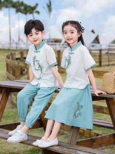 New Chinese Style Tang Suit Childrens Hanfu Summer Boys Girls Performance Outfit Poetry Recitation Traditional Costume Kids