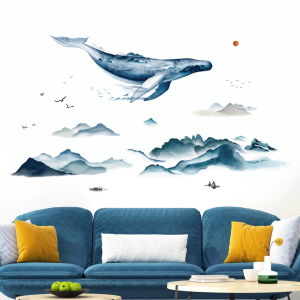 Decal Dán Tường Cá Voi Sơn Thủy Đại Dương Á Đông Có Keo Sẵn 270x150cm - Trang Trí Phòng Khách