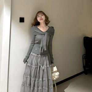 BINKAFENNY | Gray Long Sleeve Knitted Sweater Womens Chic Korean Style Inner Wear Belt Design Unique Softness Autumn Fashionable Top