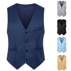 Fashion Office Men Solid Color V Neck Sleeveless Button Waistcoat Slim Fit Vest