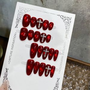 Red Ruby Glass Bead Short Cross Pearl Handmade Nail Art New Year Armor Ice Transparent White Effect Wearable Nail Tips