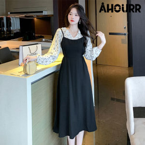 【24 hour delivery】Floral Fake Two-piece Gentle Long Dress French Design Sense Patchwork Long Sleeve Dress