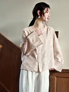 JK&JS | Áo Blouse Tay Dài Nút Thêu Phong Cách Trung Quốc Bằng Lụa Nhân Tạo
