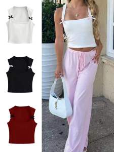 SuchABrat French Vintage Spicy Girl Butterfly Knot Solid Color Slim Fit Strap Vest Sleeveless Top Womens Fashion Summer 2024