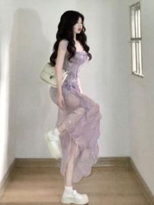 Váy Midi Không Tay Màu Tím Thanh Lịch Kiểu Pháp Váy Midi Chữ a Ôm Vừa Vặn Mùa Hè Váy Dài Cổ Chữ U Cho Nữ