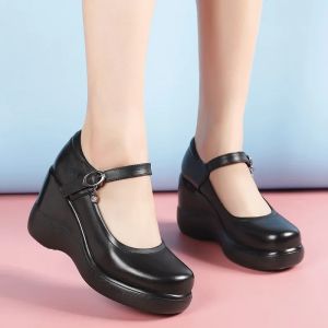 8cm Small Size 32-43 New Shallow Genuine Leather Shoes Women Mary Janes 2025 Fall High Heels Platform Wedges Shoes Mom Office