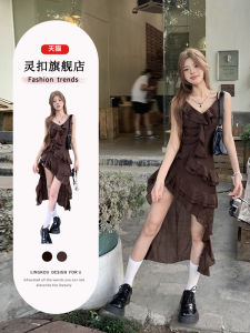 ชุดเดรสยาวทรงเอสไตล์ฝรั่งเศสย้อนยุคสำหรับฤดูร้อน กระโปรงสั้นไม่สมมาตรพร้อมขอบลูกไม้ ชุดเดรสสั้นสำหรับผู้หญิง ชุดเดรสยาวทรงเอ