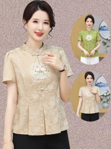New Chinese Style Short Sleeve Shirt for Middle-Aged And Elderly Women Large Size Retro Button T-Shirt Tang Costume Top